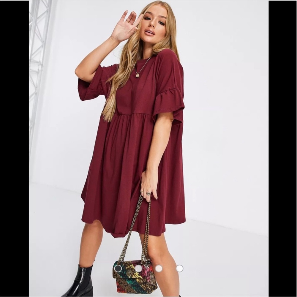 ASOS Design Curve burgundy Smock/Minidress Ruffled Short Sleeve Crewneck Size 10